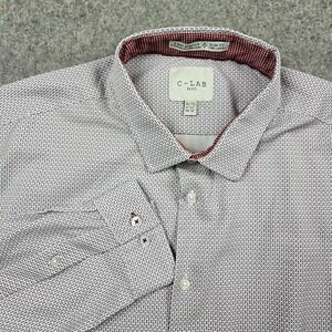 C-Lab NYC 4 Way Stretch Button Up Shirt Mens XL White Red Slim Fit Pattern